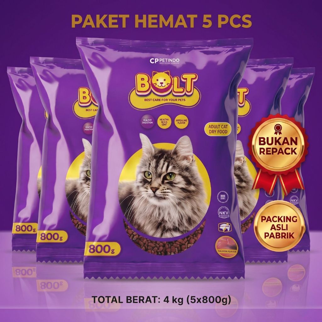 [PAKET 5 PCS] Makanan Kucing BOLT Ungu 800gr Tuna - Cat Food Adult Freshpack Asli Pabrik (Total 4 Kg