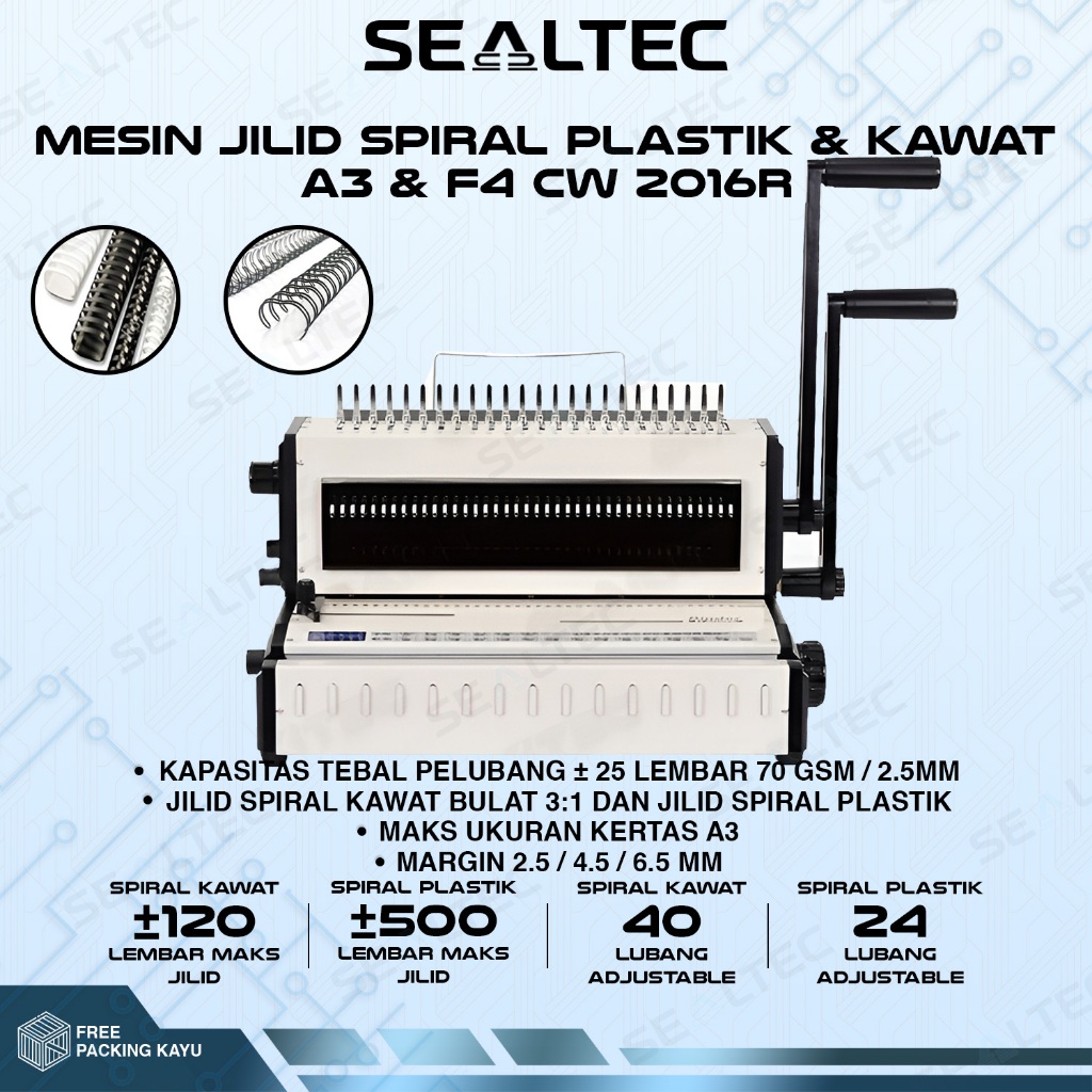 Mesin Jilid Spiral CW2016R Kombinasi Kawat 3:1 Bulat  & Jilid SPiral Plastik Premium GRAKITEC Bisa U