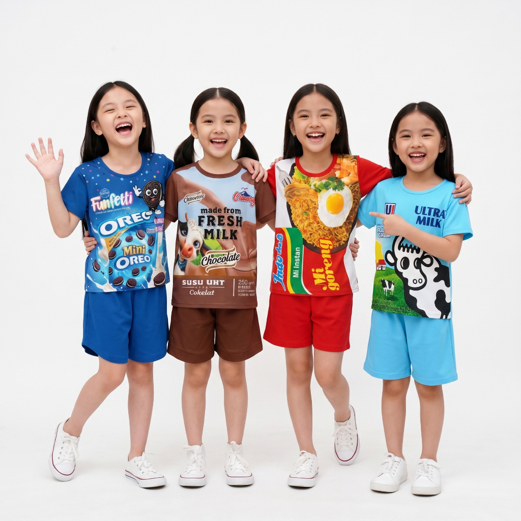 Setelan Baju Anak Laki-Laki Dan Perempuan Unisex 1-8 Tahun Motif Viral Indomi Chitato Ultramild Soto
