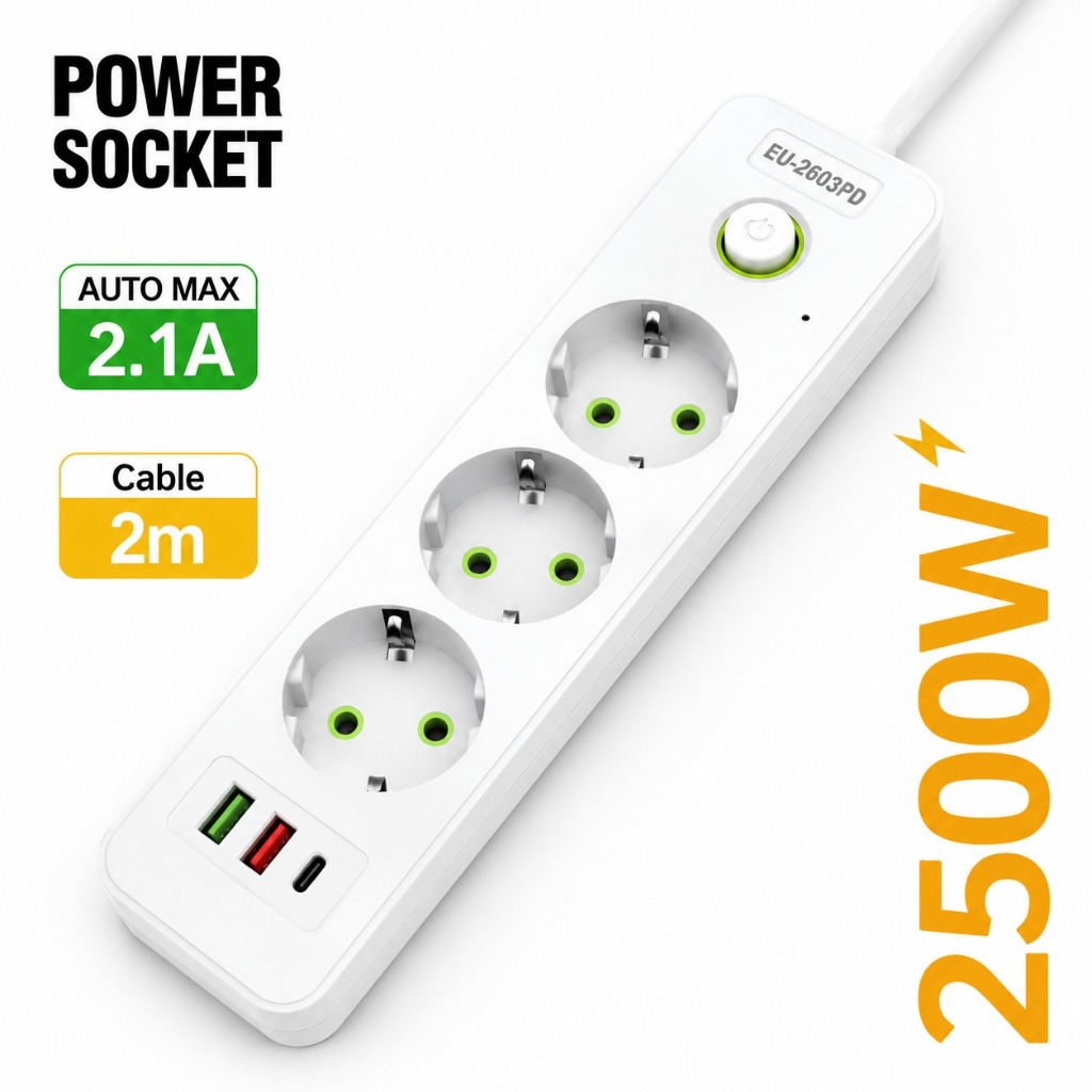 Stop Kontak Kabel 2m USB Power 2500W Socket Plug Saklar On/Off
