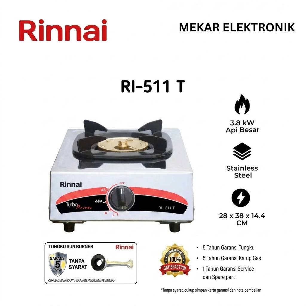 Rinnai Kompor Gas 1 Tungku RI 511 E / Kompor Rinnai 1 Tungku RI-511E / Kompor Gas Rinnai RI511E / RI