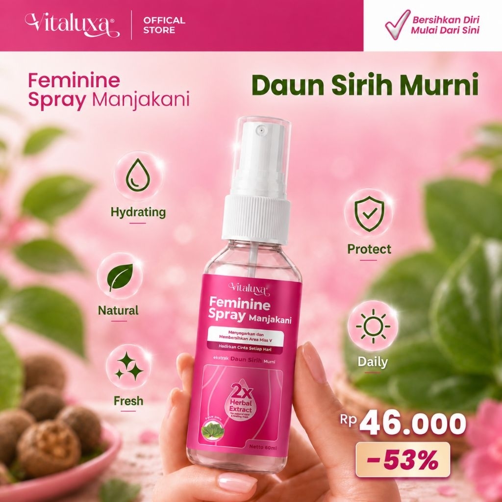Vitaluxa Feminine Spray Manjakani 60ml | Spray Kewanitaan Anti Jamur Anti Bau | Seimbangkan pH BPOM
