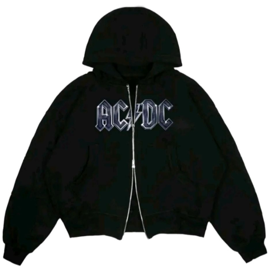 arowe store hoodie boxy double zipper hitam ACDC unisex pria wanita resleting hoodie boxy oversize