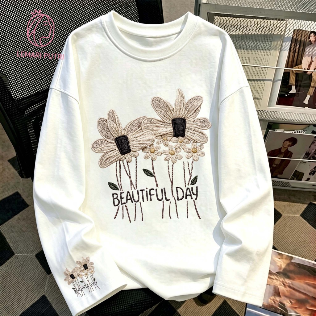 LEMARI.PUTRI Cetakan Grafis Huruf Bunga Daisy Lengan panjang baju atasan wanita terbaru kekinian kao