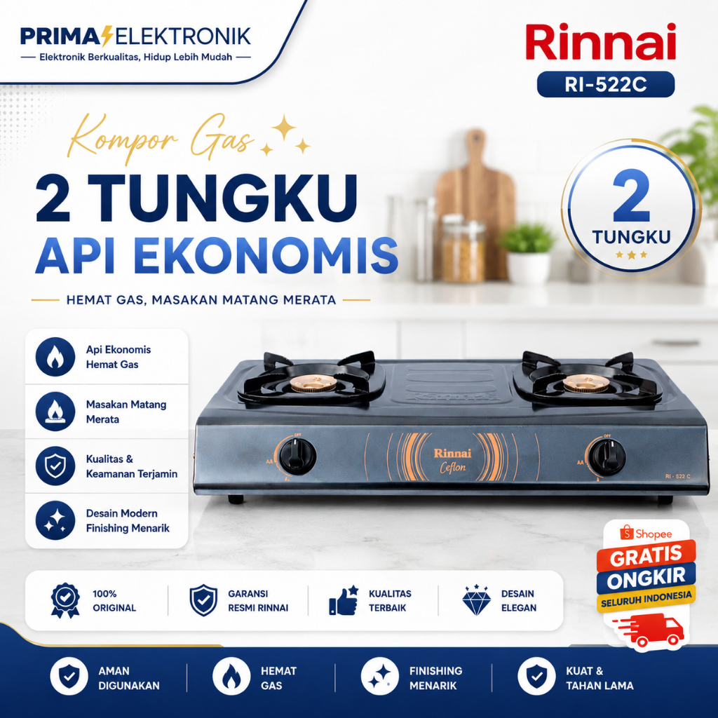 RINNAI KOMPOR GAS 2 TUNGKU RI 522 C KOMPOR RINNAI/RI-522C/RI522C/RI522/KOMPOR ORIGINAL RINNAI