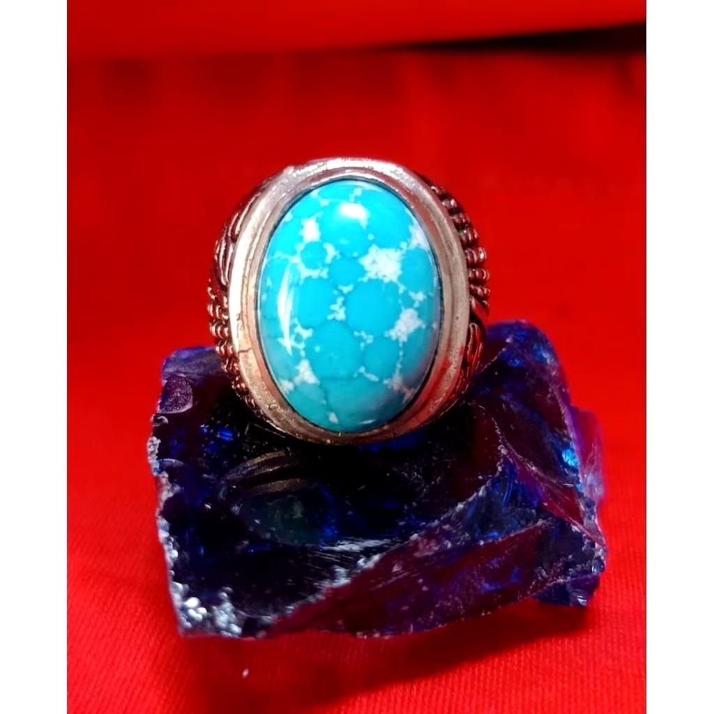 cincin batu akik pirus mesir biru urat perak ring ALPAKA