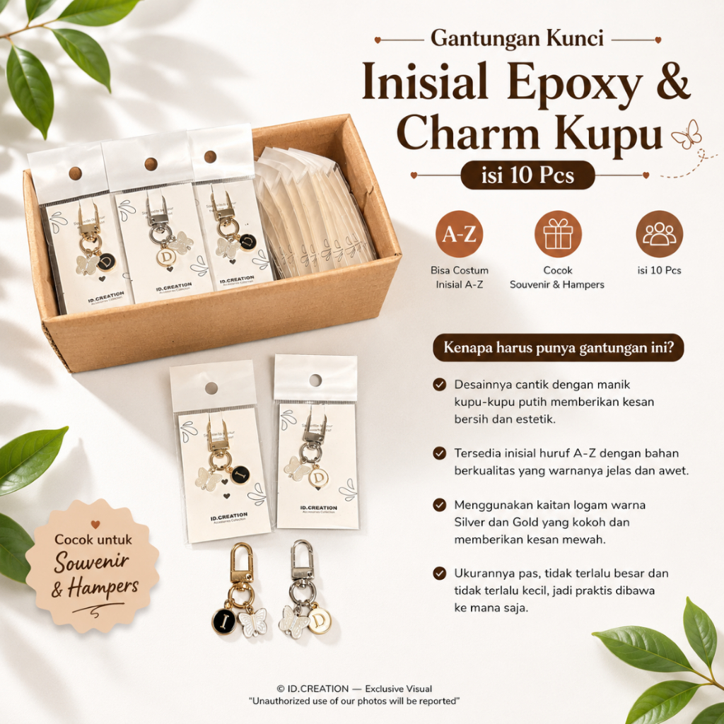 Gantungan Kunci Inisial Epoxy & Charm Kupu isi 10 Pcs - Bisa Costum Inisial A-Z Cocok Souvenir & Hampers