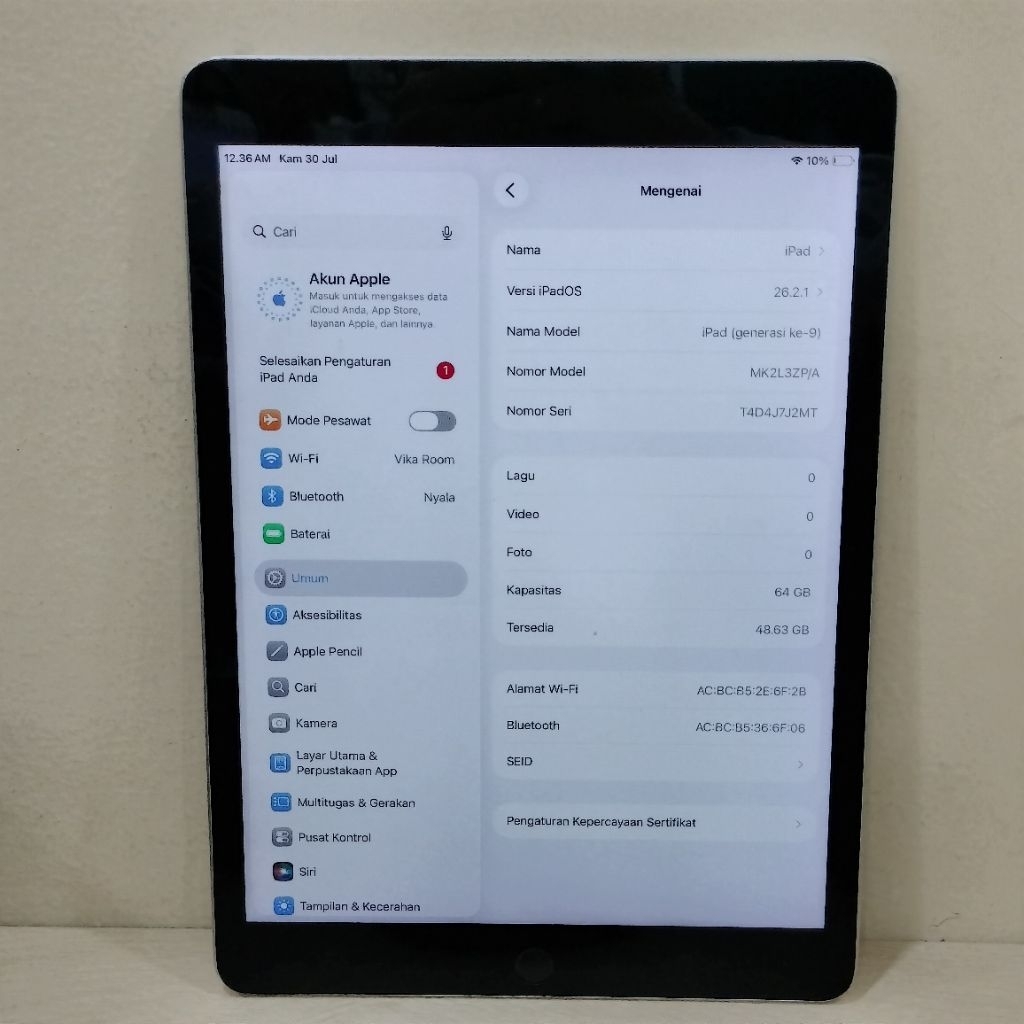 IPAD GEN 9 RAM 64GB (INTER) J/A, BATANGAN, WIFI ONLY (-3)"J7J2MT"