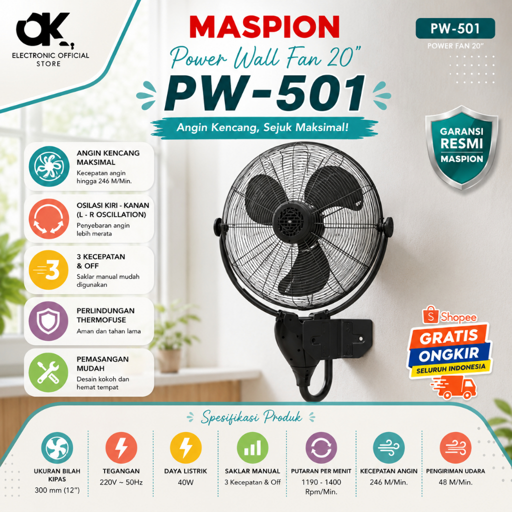 KIPAS ANGIN MASPION PW 501 POWER FAN/PW501/PW-501/POWER WALL FAN 20"/ORIGINAL MASPION/GARANSI RESMI
