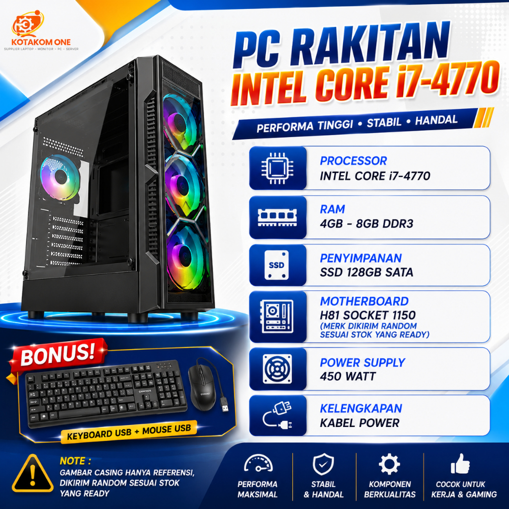 PROMO Komputer PC Rakitan Intel i7-4770 Ram 8GB Ssd 128GB PC Kantor Sekolah Admin 2 Jutaan