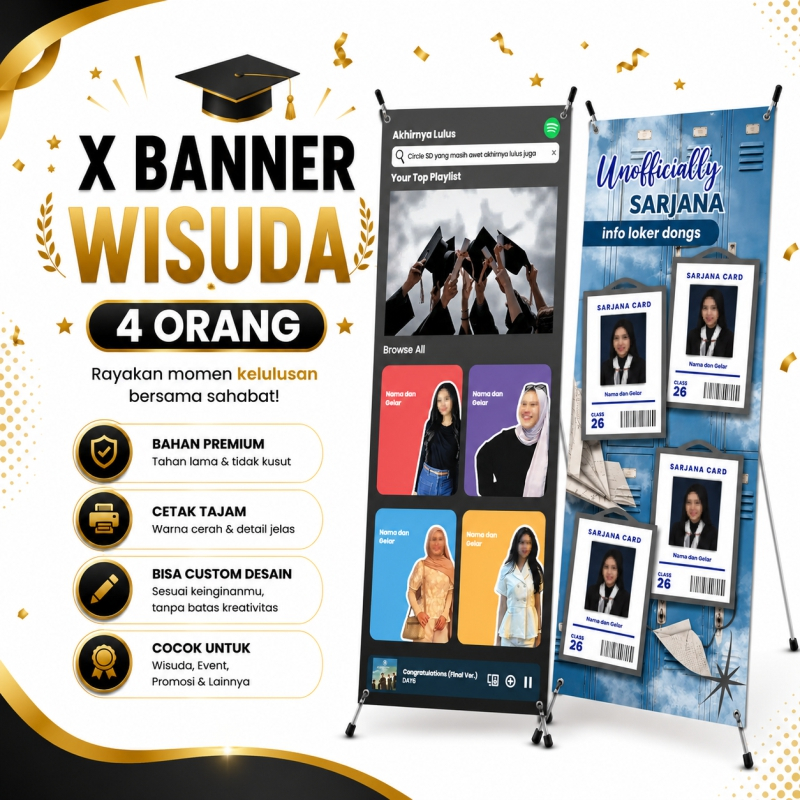 Banner Wisuda 4 Orang Custom | X Banner Wisuda 4 Orang | Cetak Banner Wisuda