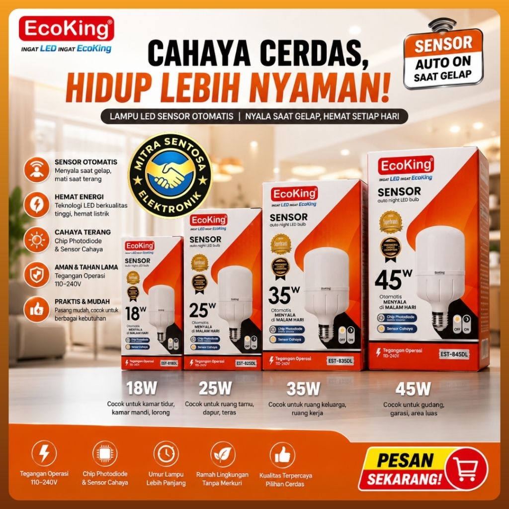 Lampu Led Sensor Cahaya Ecoking 18w 25w 35w 45w auto Night Led Bulb Cahaya Putih