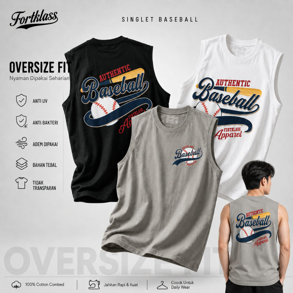 Fortklass T-Shirt Kaos Singlet Oversize BASEBALL Kaos Tanpa Lengan Oversized