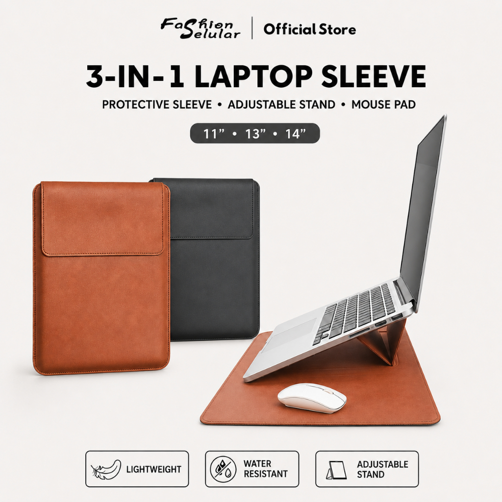 FS Tas Laptop 3-in-1 PU Leather Sleeve Adjustable Stand Mouse Pad 11 13 14 Inch