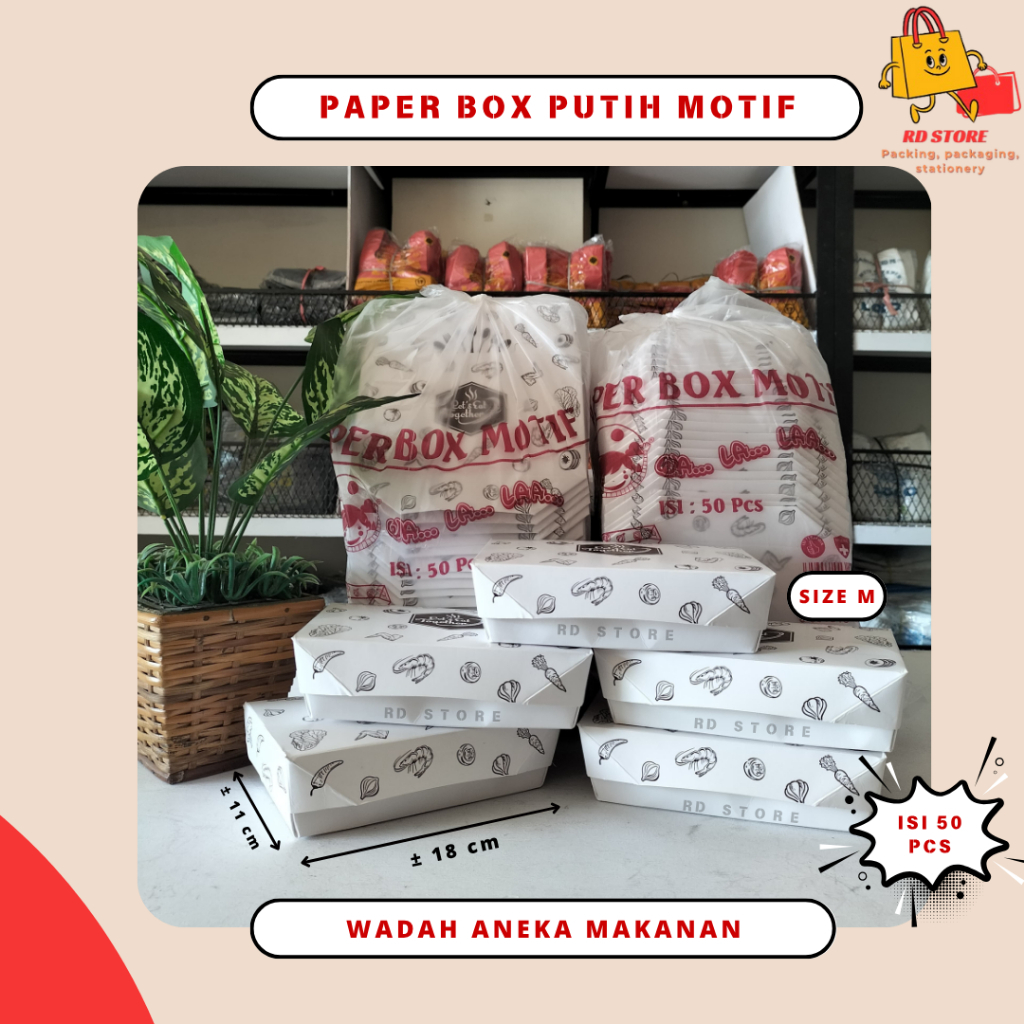 PAPER BOX MOTIF ISI 50 PCS PAPER LUNCH BOX MEDIUM LUNCH BOX PAPER MOTIF KOTAK MAKAN MEDIUM LUNCH BOX