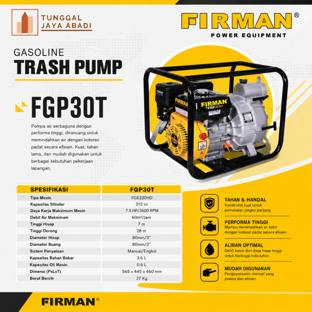 Mesin Pompa Air Bensin Irigasi Firman FGP30T Trash Pump Mesin Alkon Sedot Lumpur 3 Inch Bensin FGP30