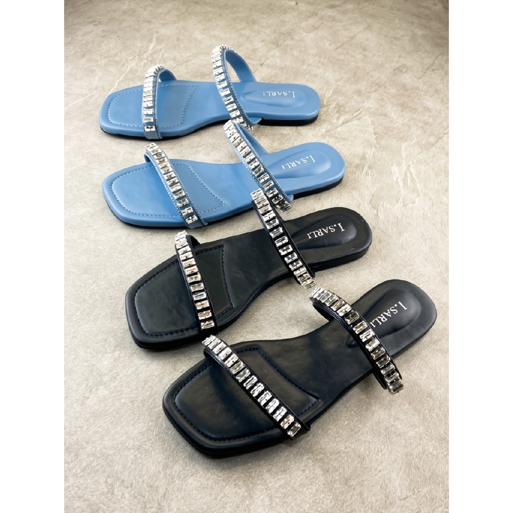 Isarli Shoes - JJ.174 Sandal Slide Wanita Aksen Kristal Hitam BIru Casual