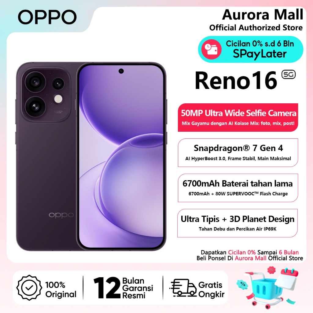 OPPO Reno16 5G 8/256GB (8GB+8GB Extended RAM) Snapdragon® 7 Gen 4 Official Store HP Terbaru 2026 Ori