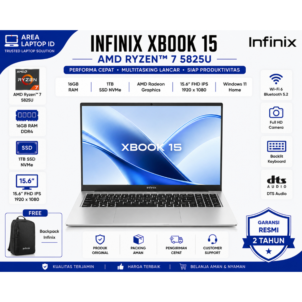 Laptop Infinix Xbook 15 Ryzen 7 5825U 16GB 1TB 15,6 FHD Windows 11 Original