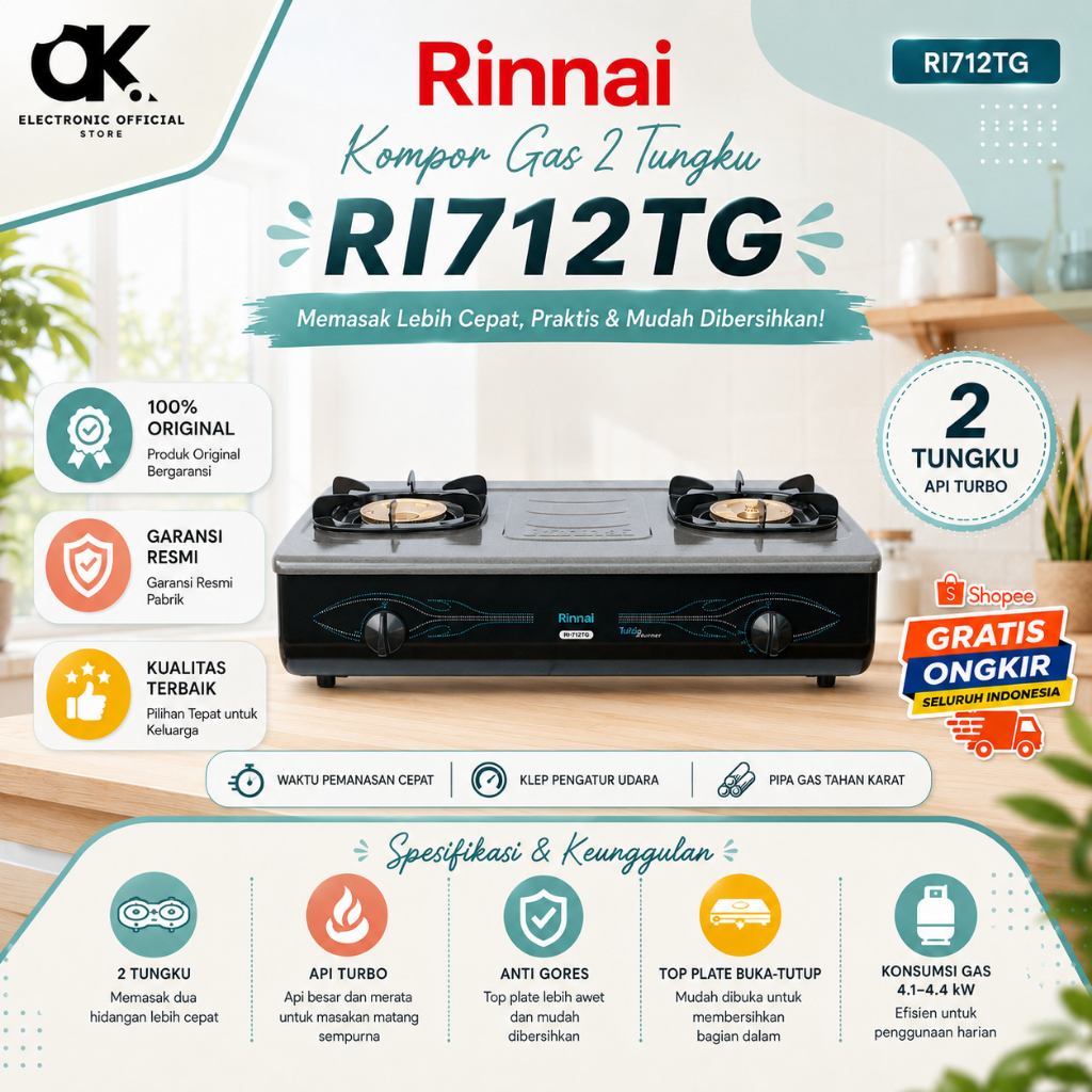 RINNAI KOMPOR GAS 2 TUNGKU RI 712 TG/RI712TG/RI 712TG/RI712 TG/RI-712TG/RI-712  TG/ORIGINAL/GARANSI