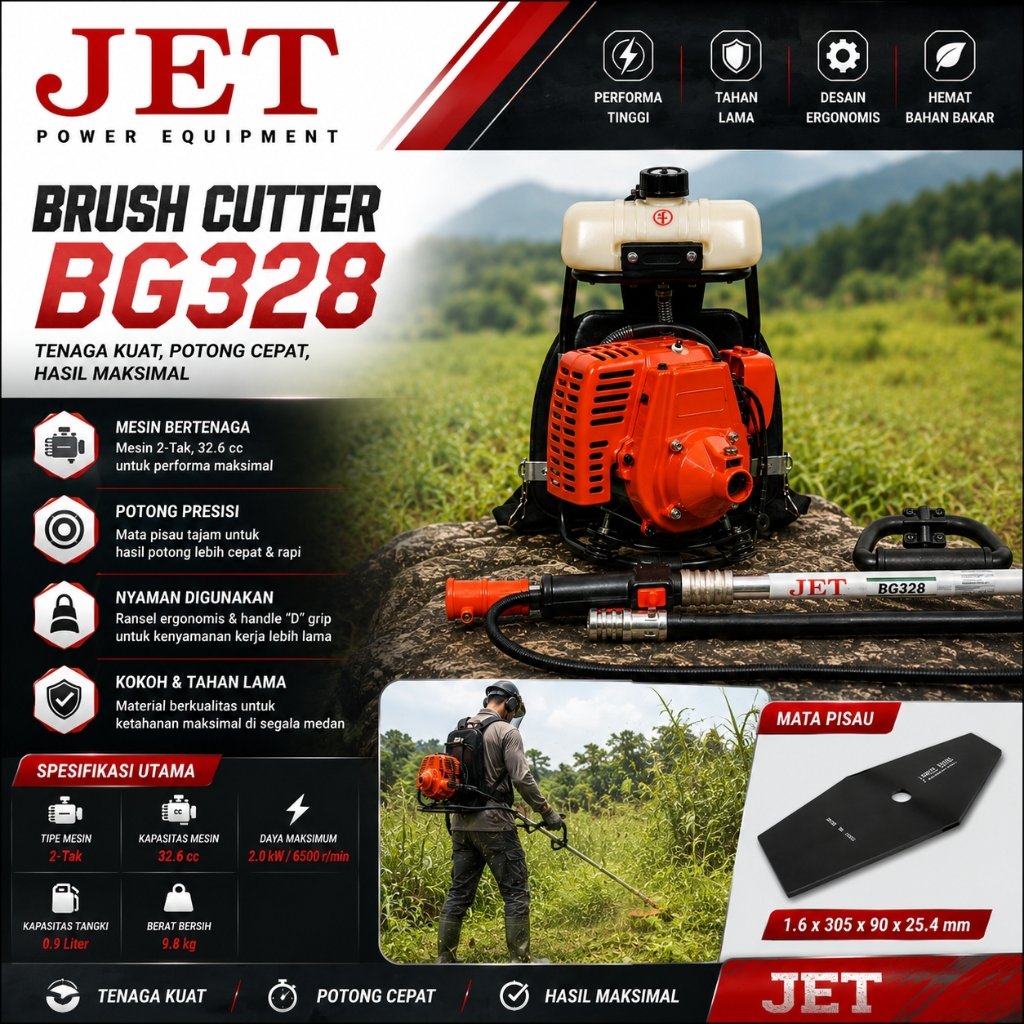 JET BG328 Mesin Babat Rumput Gendong 2 Tak 32.6cc Brush Cutter Ransel Mesin Potong Rumput Alat Pertanian