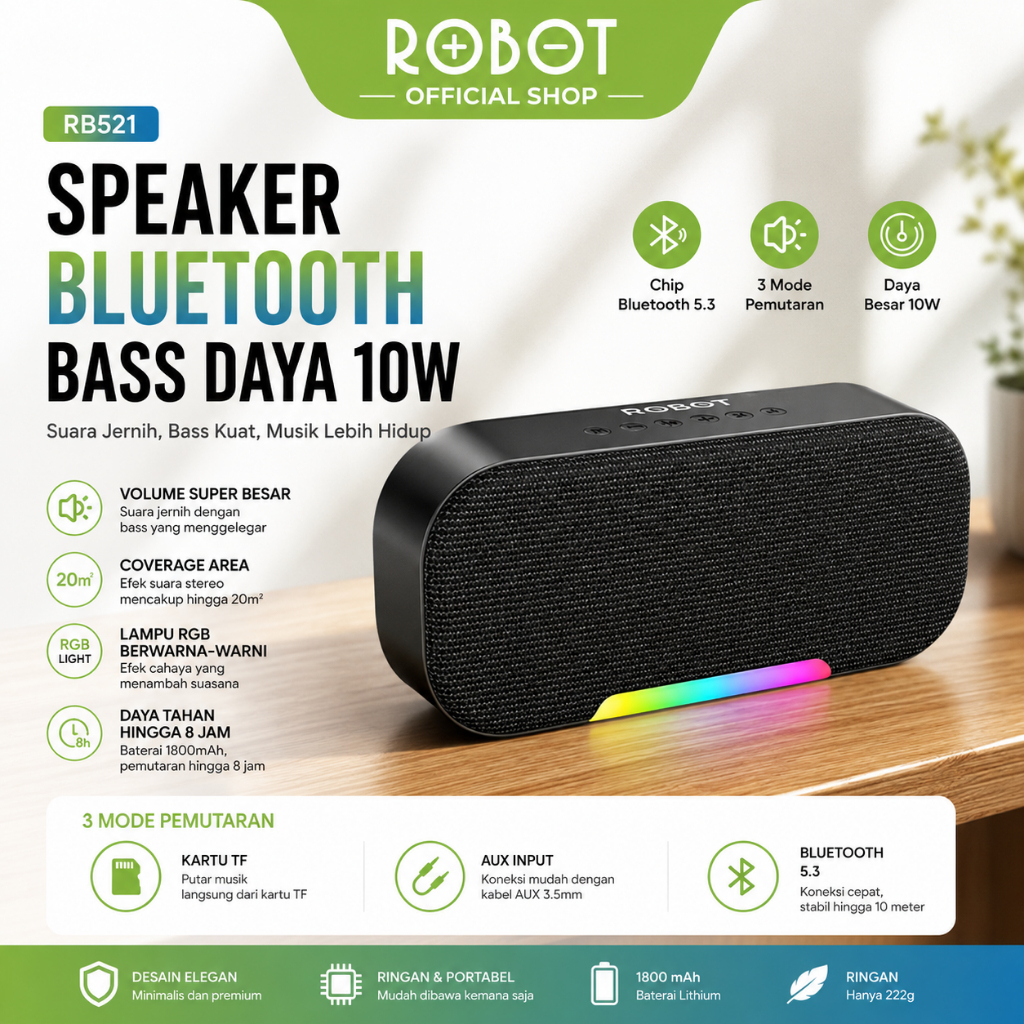 ROBOT RB521 Speaker Bluetooth 5.3 Dual Speaker 10W dengan RGB Kompatibel untuk Komputer - Garansi 1 