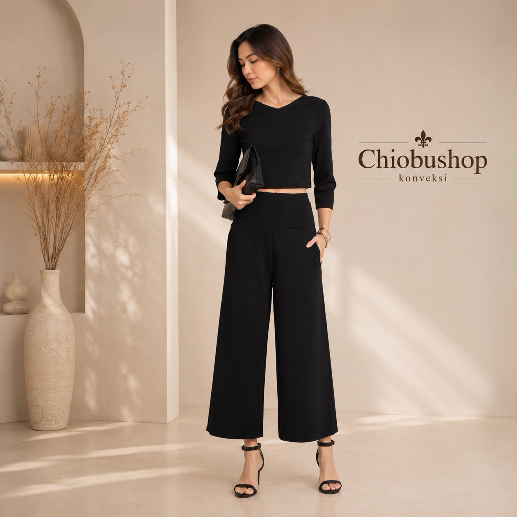 Chiobushop - Setelan Wanita Premium Bahan Scuba Crop Top Lengan 3/4 Celana Kulot High Waist Wide Leg