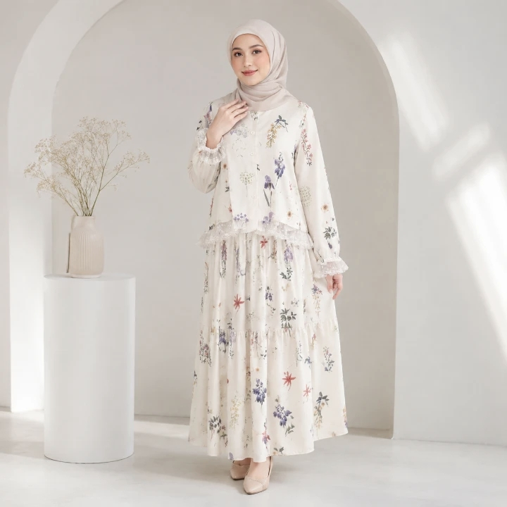 CHICMORE Setelan Wanita Motif Bunga Renda Elegan | Setelan Muslimah | Setelan 2in1 | Setelan Casual 