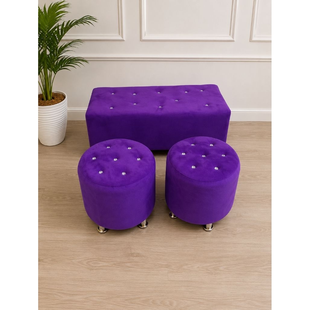 1 Set Bangku Puff Stool Bulat Dan Persegi Panjang Kancing Dan kaki Stainless Minimalis Aesthetic Rua