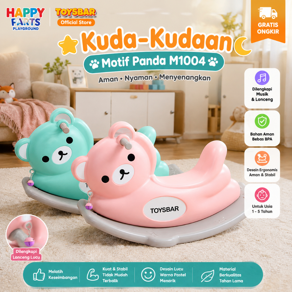 Mainan Anak Kuda Kudaan  Musik Motif Panda Rocking Horse Playground M1004-M1005 Happypartsplayground