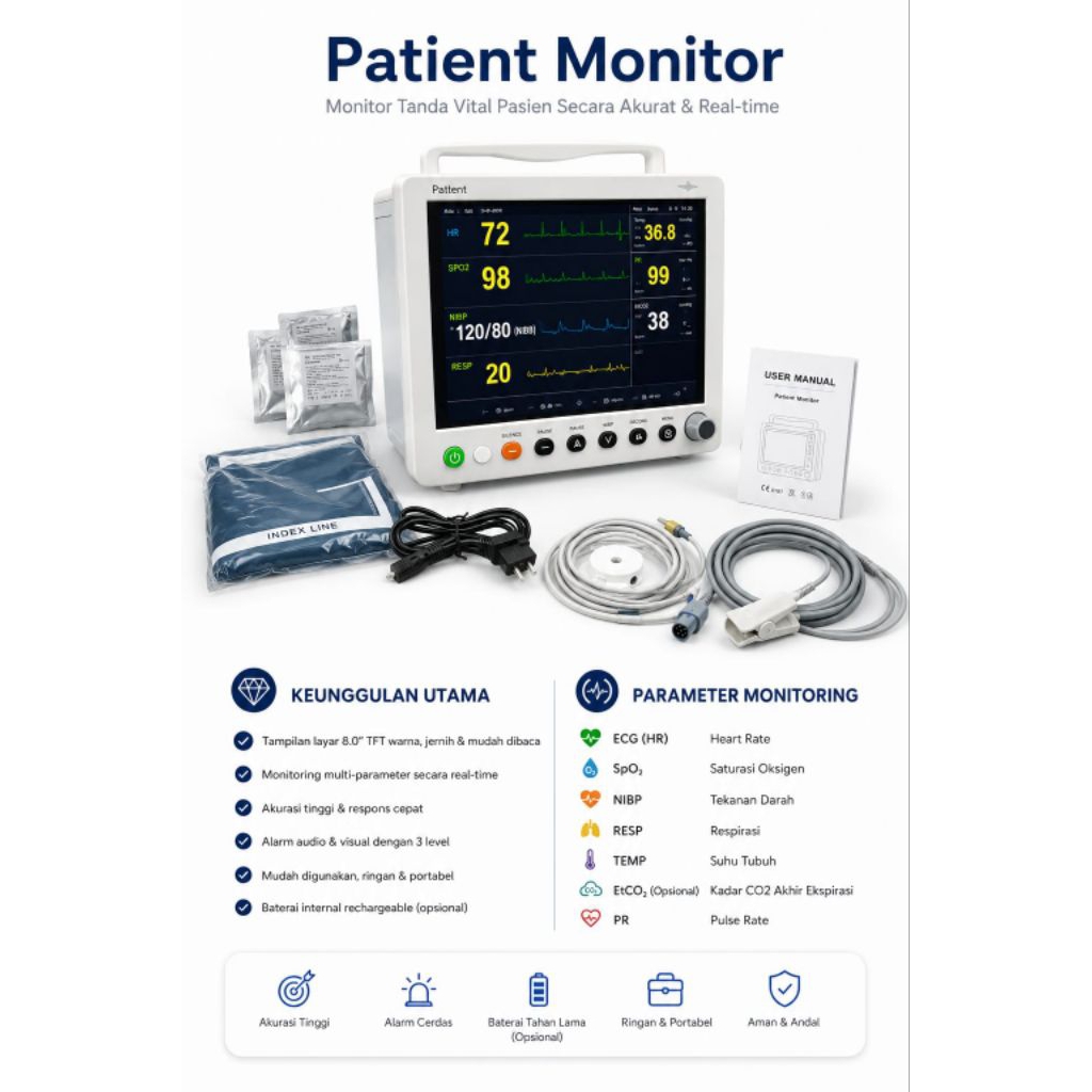 Patient Monitor MKR-E12 ECG SpO2 NIBP RESP TEMP Monitor Pasien