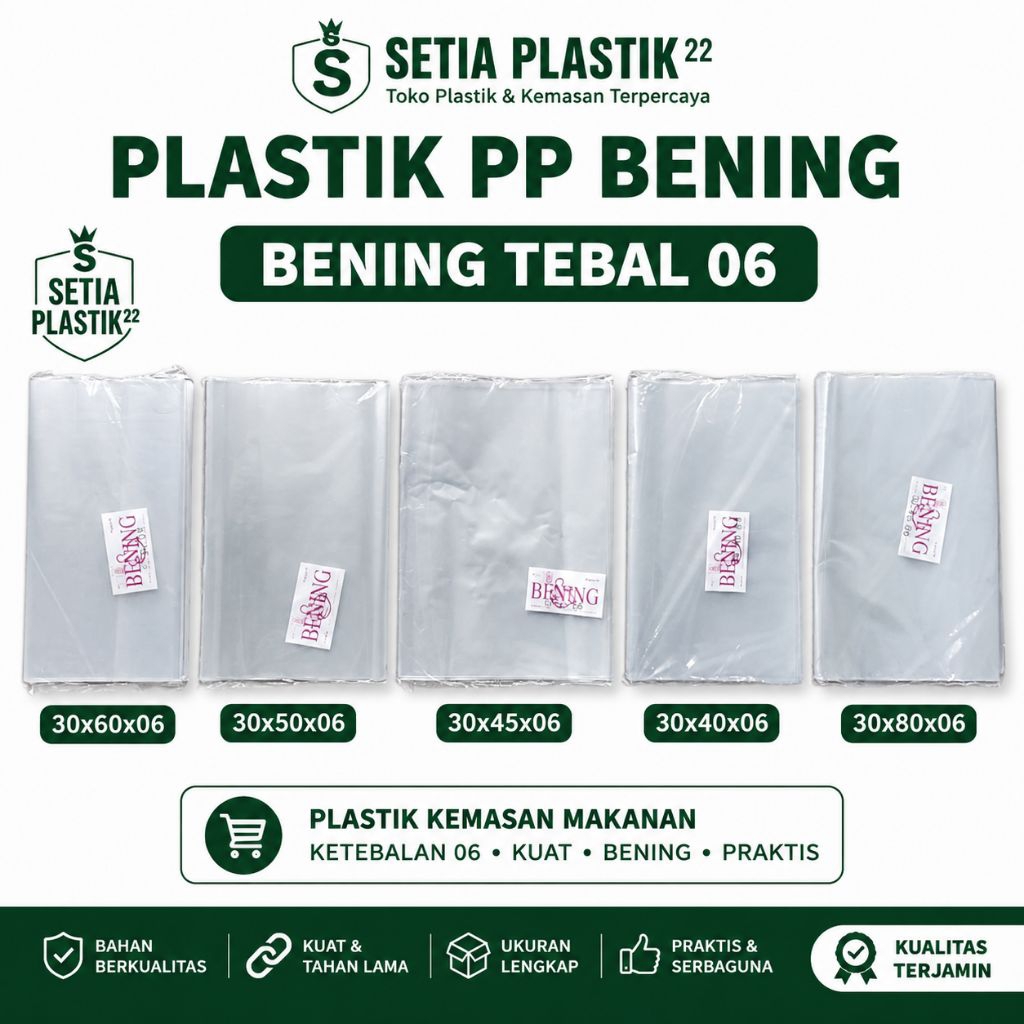plastik PP bening  tebal 06 ukuran lengap : 30x40 30x45 30x50 30x60 30x70 30x80 35x50 35x60 35x70 pl