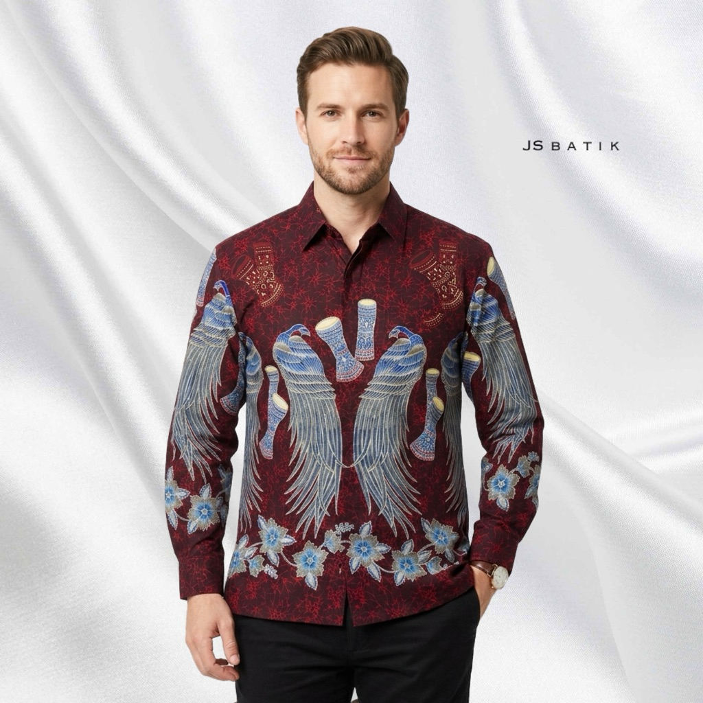 JSBATIK / Batik Papua Cendrawasih Warna Merah / Kemeja Batik Cendrawasih Lapis Furing / Batik Maroon