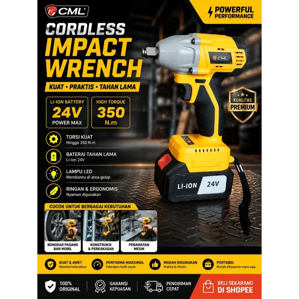 CML Cordless Impact Wrench 24V 350Nm | Kunci Impact Baterai | Mesin Buka Baut Portable