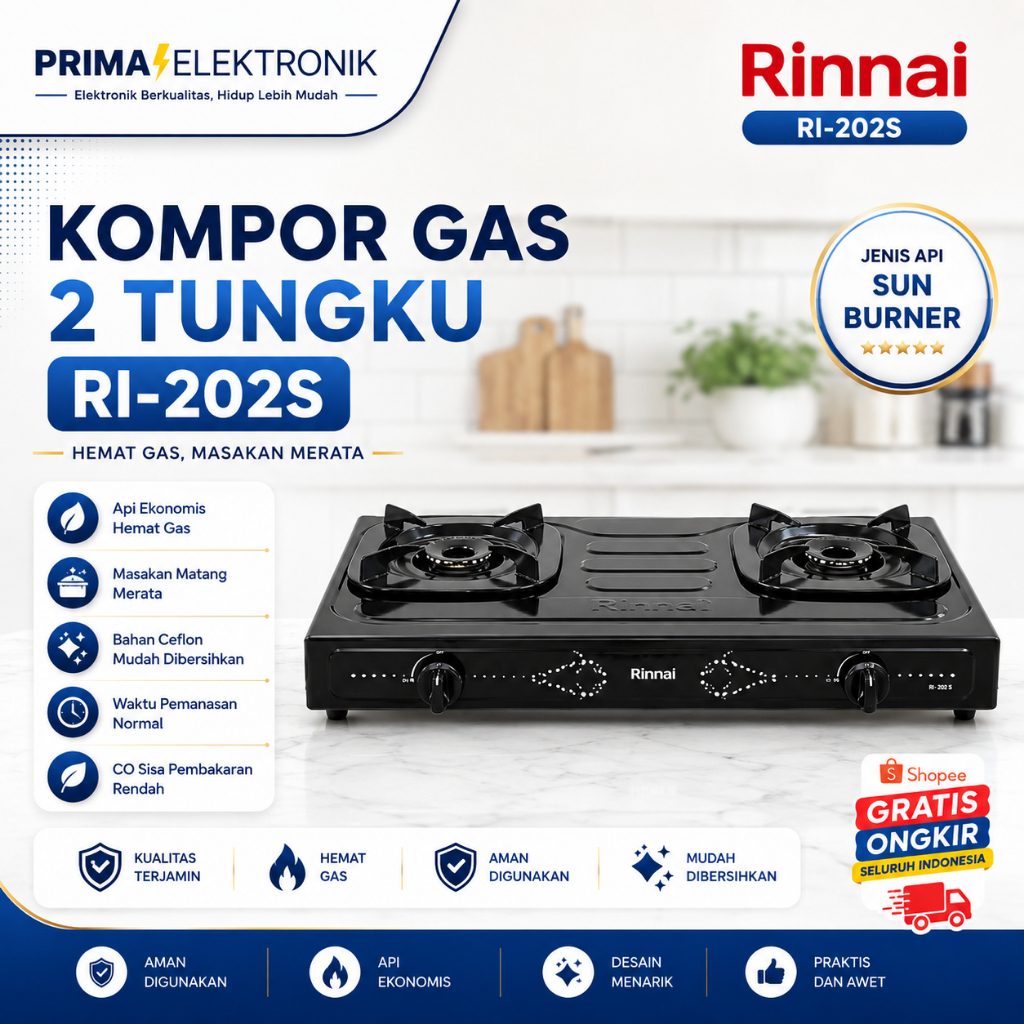 RINNAI KOMPOR GAS 2 TUNGKU RI 202S Kompor Gas/RI-202S/RI202S/202S/RI 202 S/ORIGINAL RINNAI/GARANSI