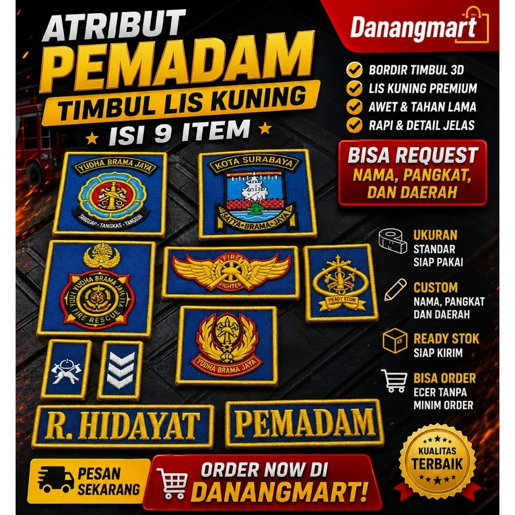 atribut bordir timbul damkar Pemadam +rescue/balakar.9item
