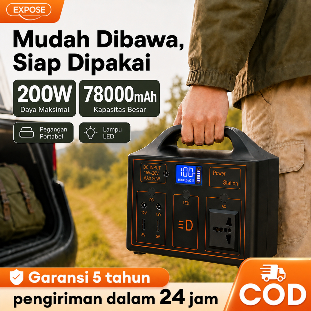 EXPOSE Portable Power Station, 250W 76.8Wh, Genset Mini, AC 220V/110V, Colokan Universal, Camping, D