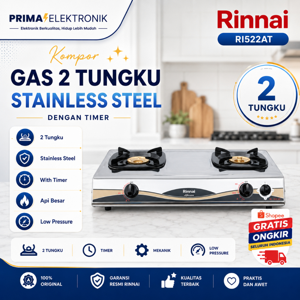 RINNAI KOMPOR GAS RI522AT 2 TUNGKU/RI522AT/RI-522-AT/RI-522AT/RI 522AT/RI 522 AT/ORIGINAL BERGARANSI