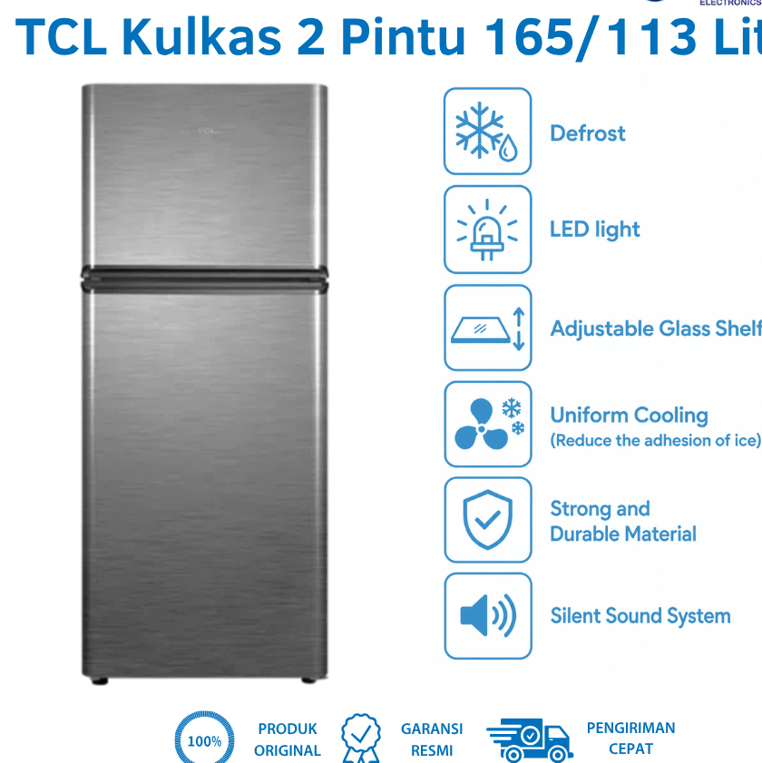 TCL Kulkas 2 Pintu 165/113 Liter Crystal Ash Grey F136-A50