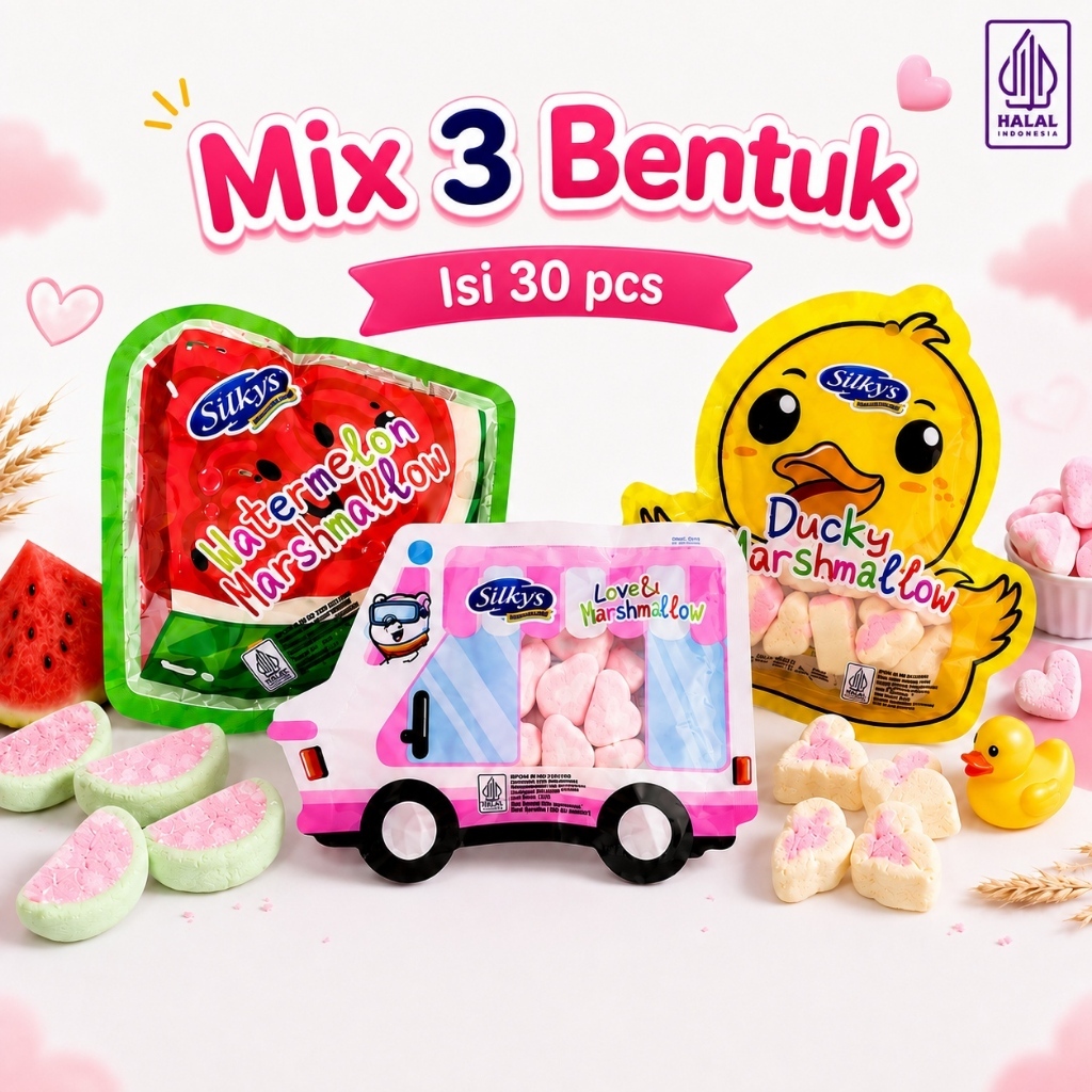 SILKYS Marshmallow Karakter Boneka 30 PCS | Bentuk Semangka Bebek Love | Marshmallow Lucu Aneka Bent