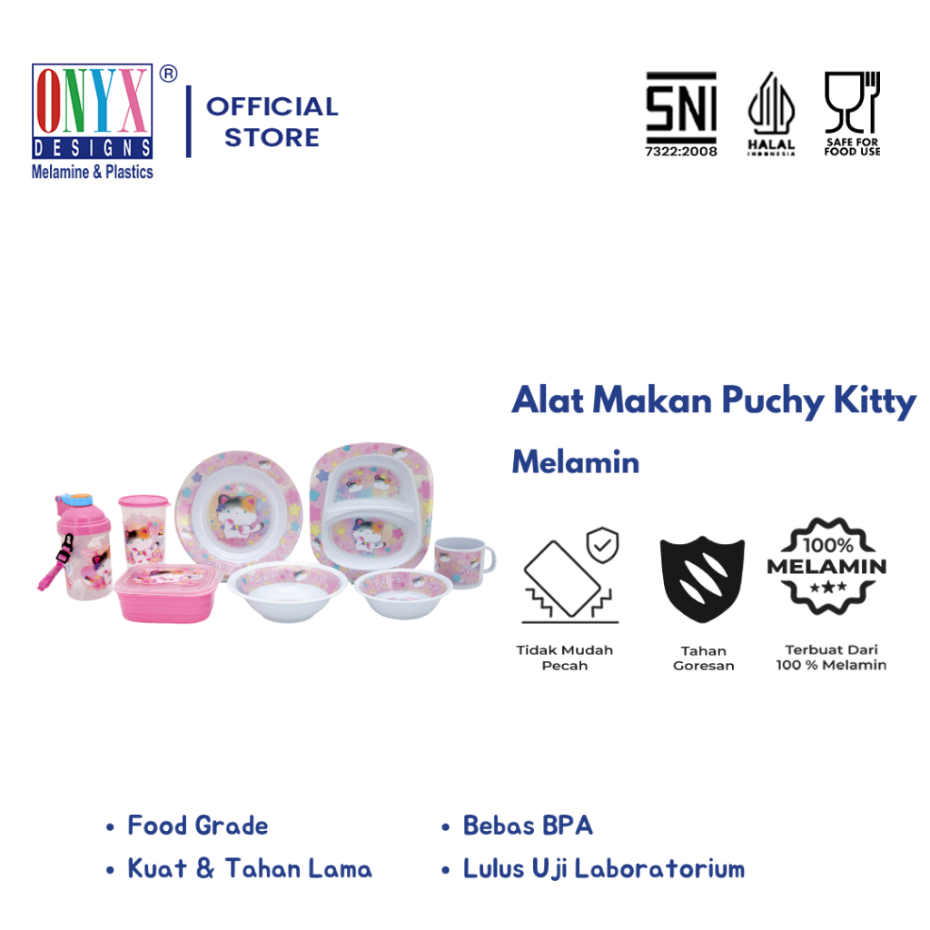 Alat Makan Anak Piring Mangkok Gelas Melamin Onyx Seiv Designs - Karakter Puchy Kitty Series