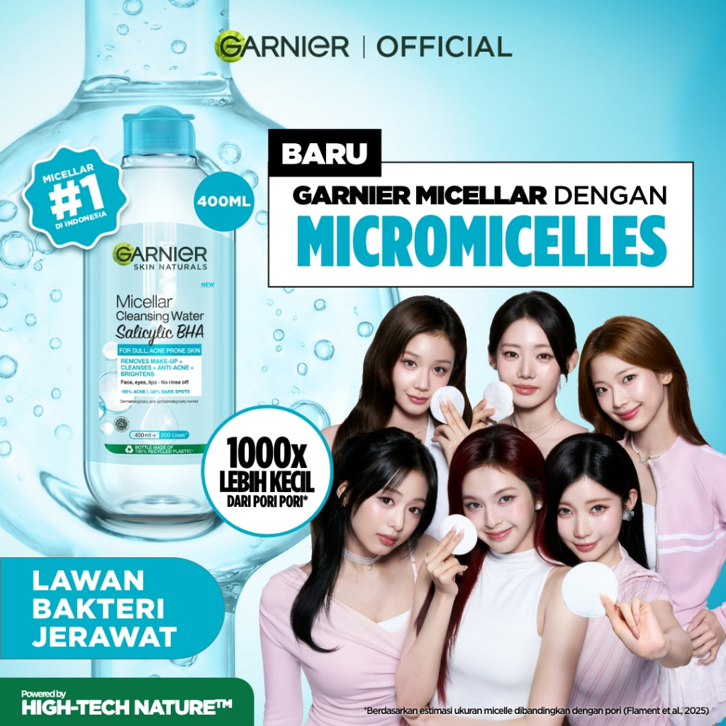 GARNIER Micellar Water Blue Salicylic Acid 400ml Skincare Cleansing - Skincare Pembersih Wajah & Make up untuk kulit berminyak jerawat Micellar Cleansing Water