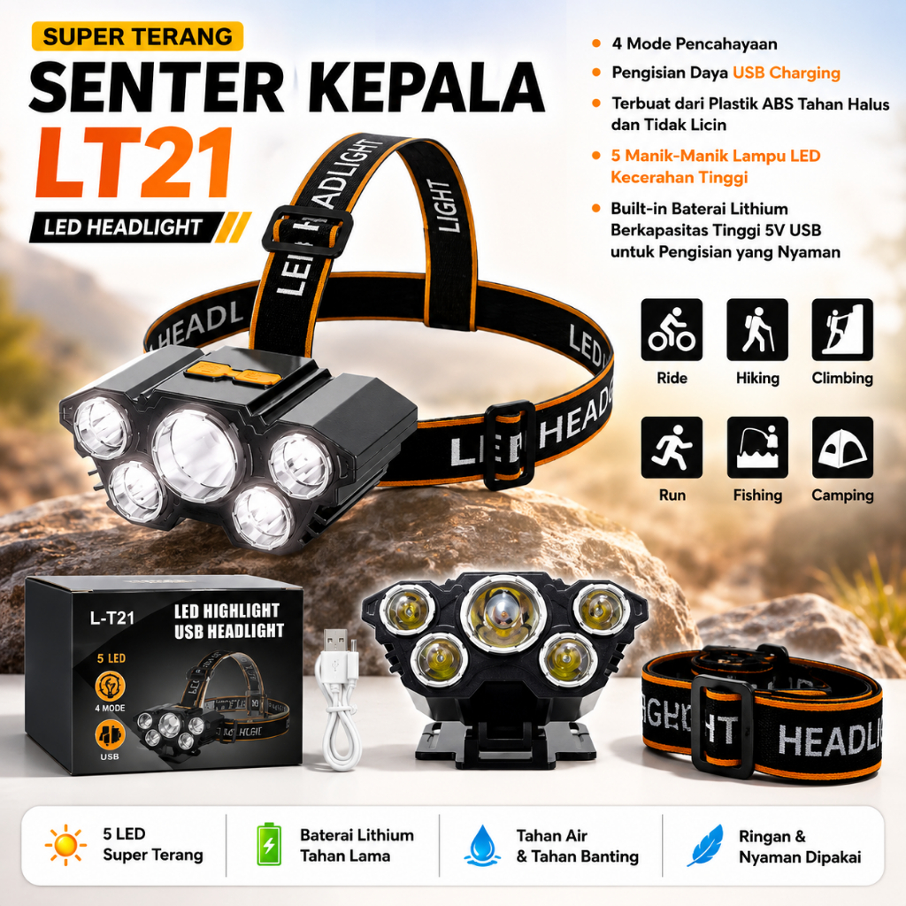 [ Aurorashop88 ]   Senter Kepala 40 Watt L-T21 5 Led Rechargerable 4 Mode Cahaya Lampu Senter 50Watt