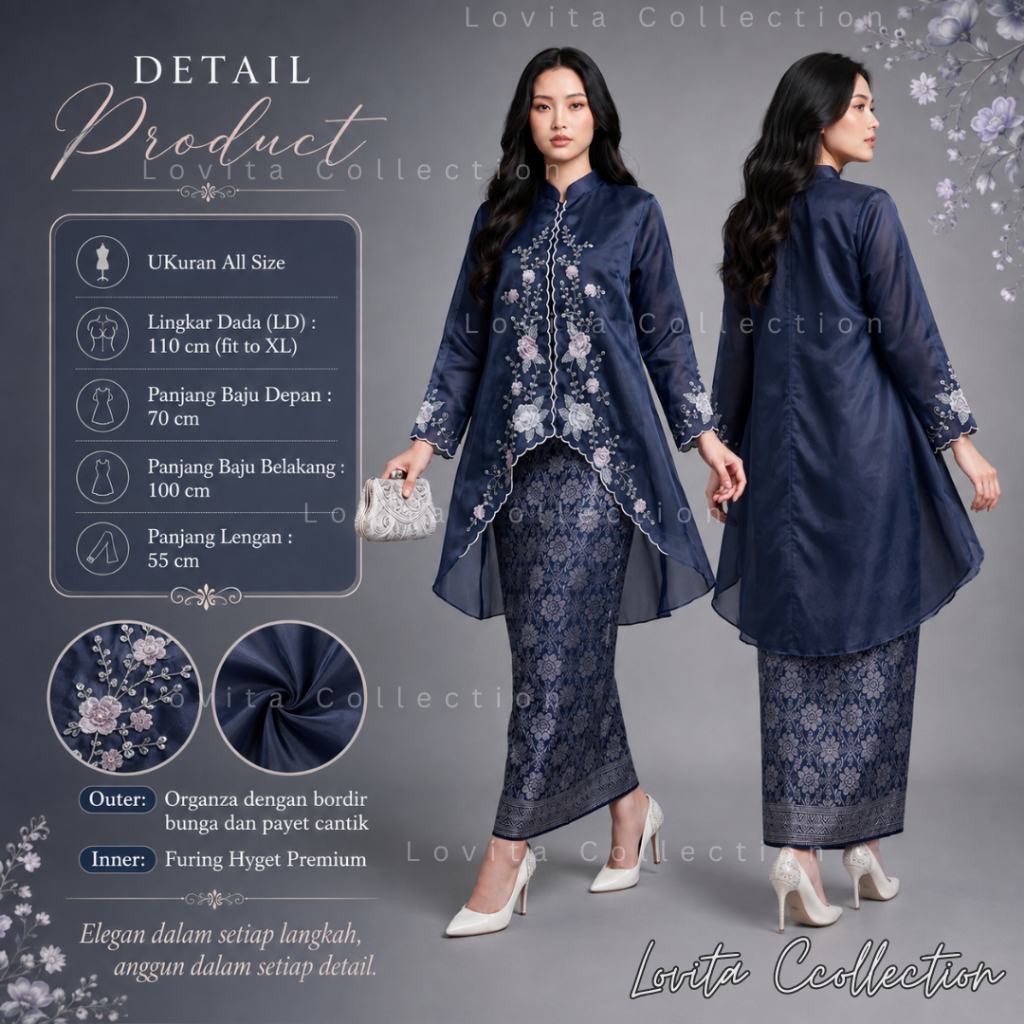 Setelan Kebaya Kurung Organza Model Outer Sulam Bunga Premium dan Selendang Organza / Baju Tunik Org