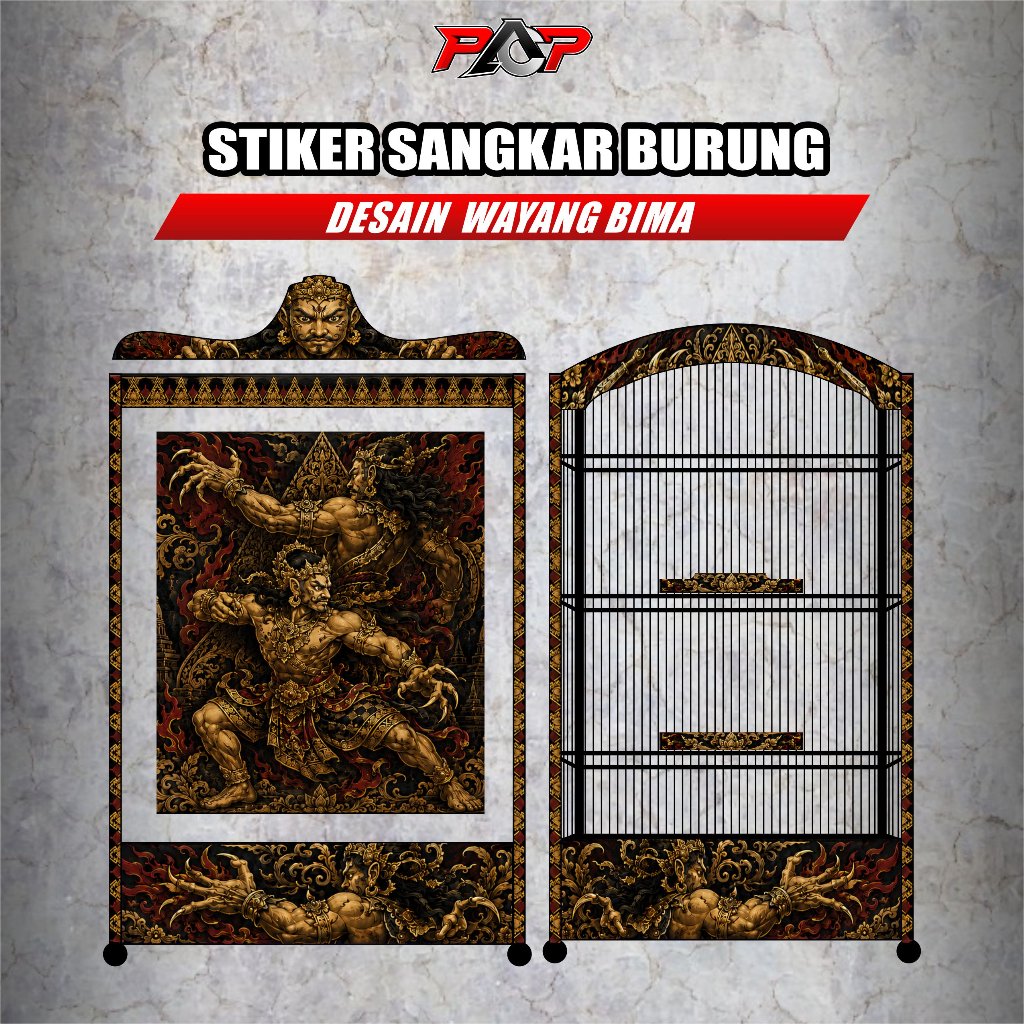 Sticker Decal Sangkar Burung - Stiker Dekal Kandang Burung DESAIN Wayang Bima - model Kotak / Koper 
