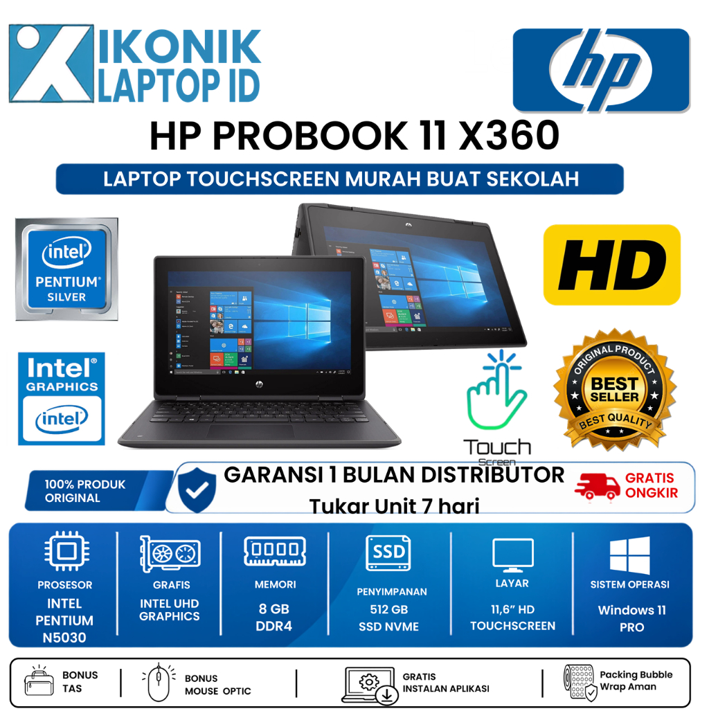 Laptop Hp Probook 11 X360 Intel Pentium N5030 11,6" hd Touchscreen win11pro original