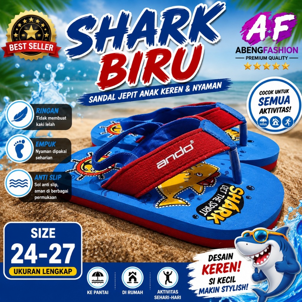 Ando Shark Sandal Anak Karakter Lucu Karet Empuk Ukuran 24-27