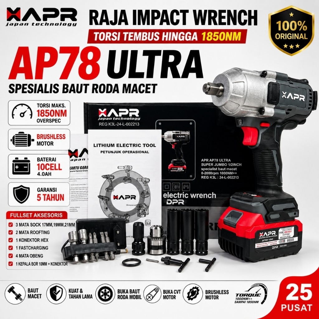 IMPACT WRENCH APR JUMBO AP78ULTRA 1800NM IMPEK BOR BATERAI PEMBUKA BAUT RODA CVT HARAPAN TEKNIK