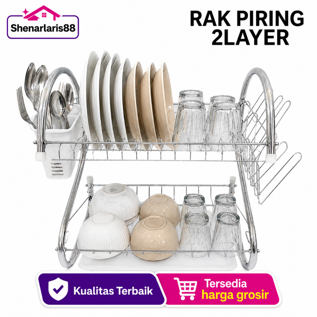 Rak Piring Stainless Minimalis Rak 2 Susun Tingkat Serbaguna Rak Piring Mini