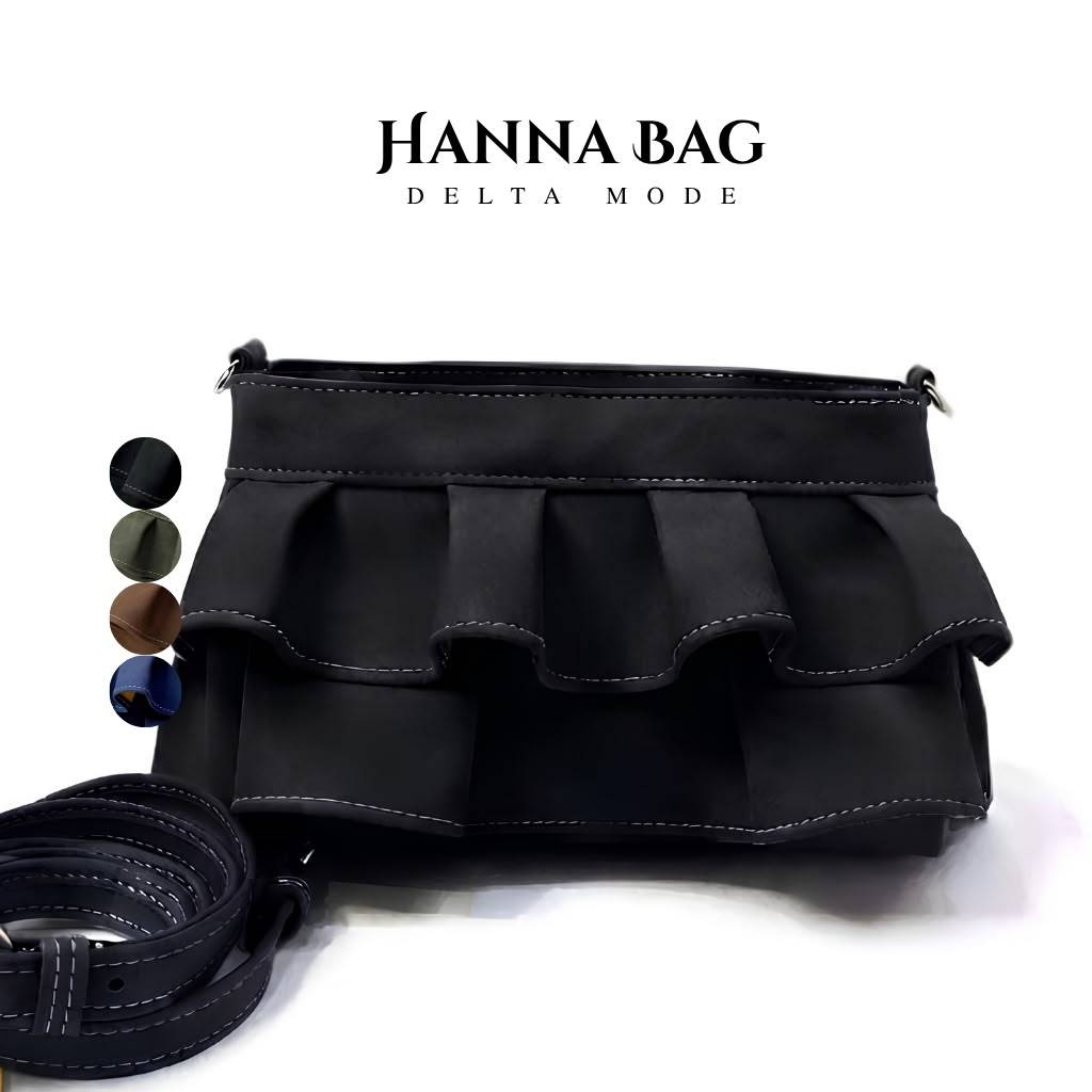 Tas Selempang Wanita Hanna Bag Delta Mode Model Ruffle Hitam dengan Tali Panjang